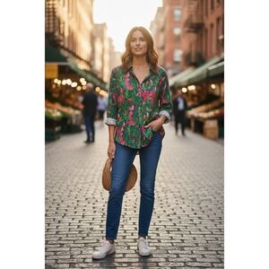 Palms Away Button Down Shirt Women Green Pink Leopard Tropical Linen Blend S